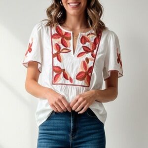 Madewell Embroidered Floral Bib Puff-Sleeve Top - White / Terracotta - Small